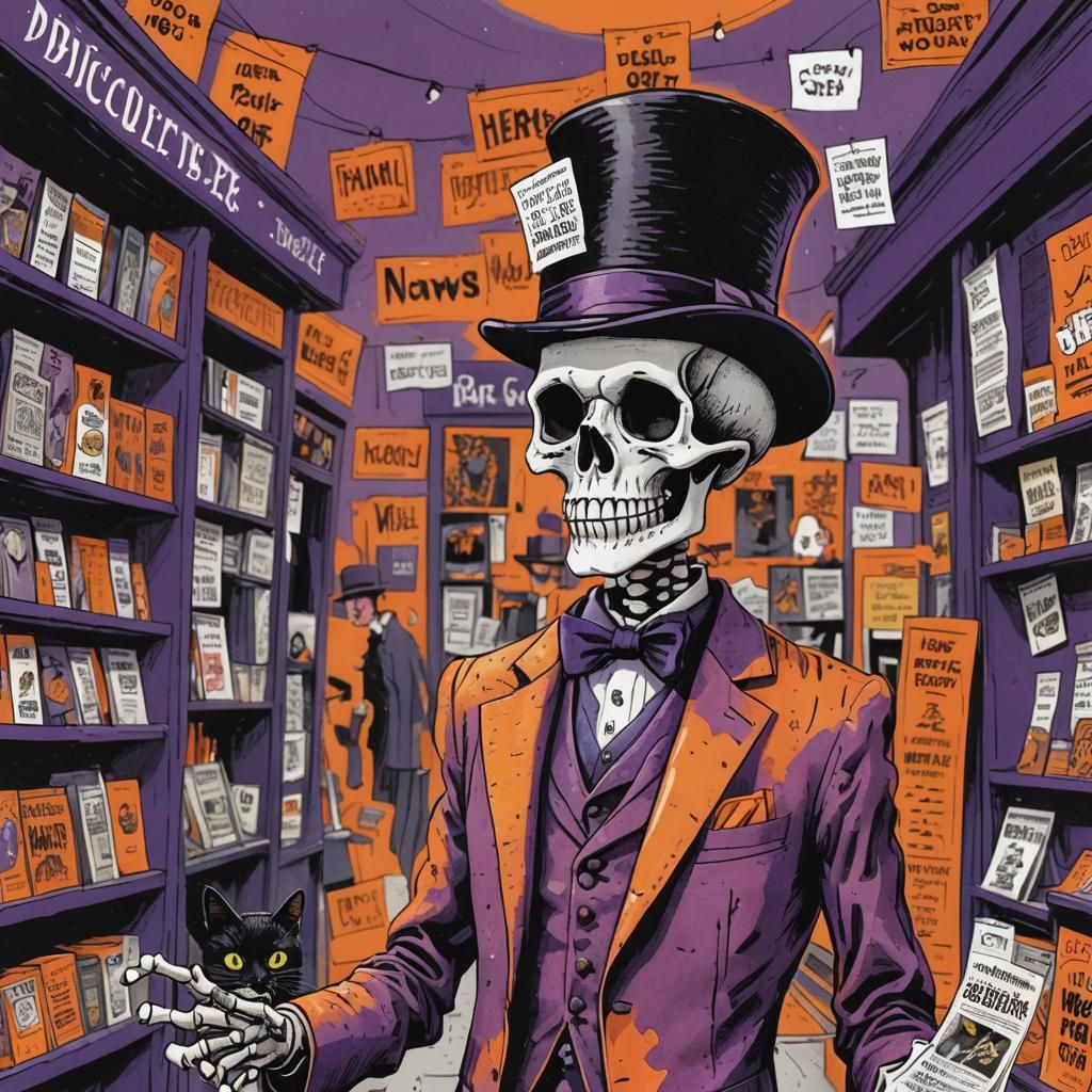 Skeleton and Cat at Newsstand in Gorey Style