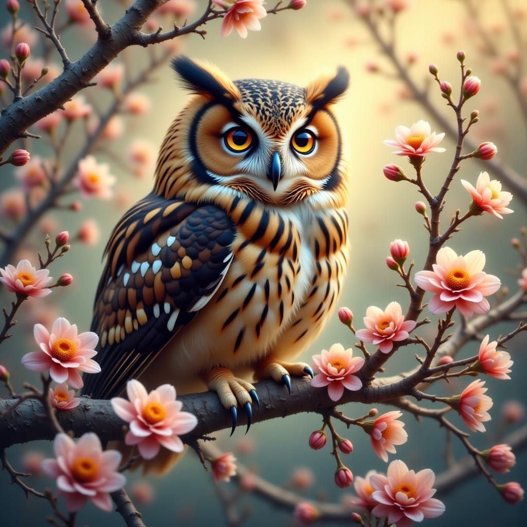 Owl in Flowering Tree, Nature Portrait