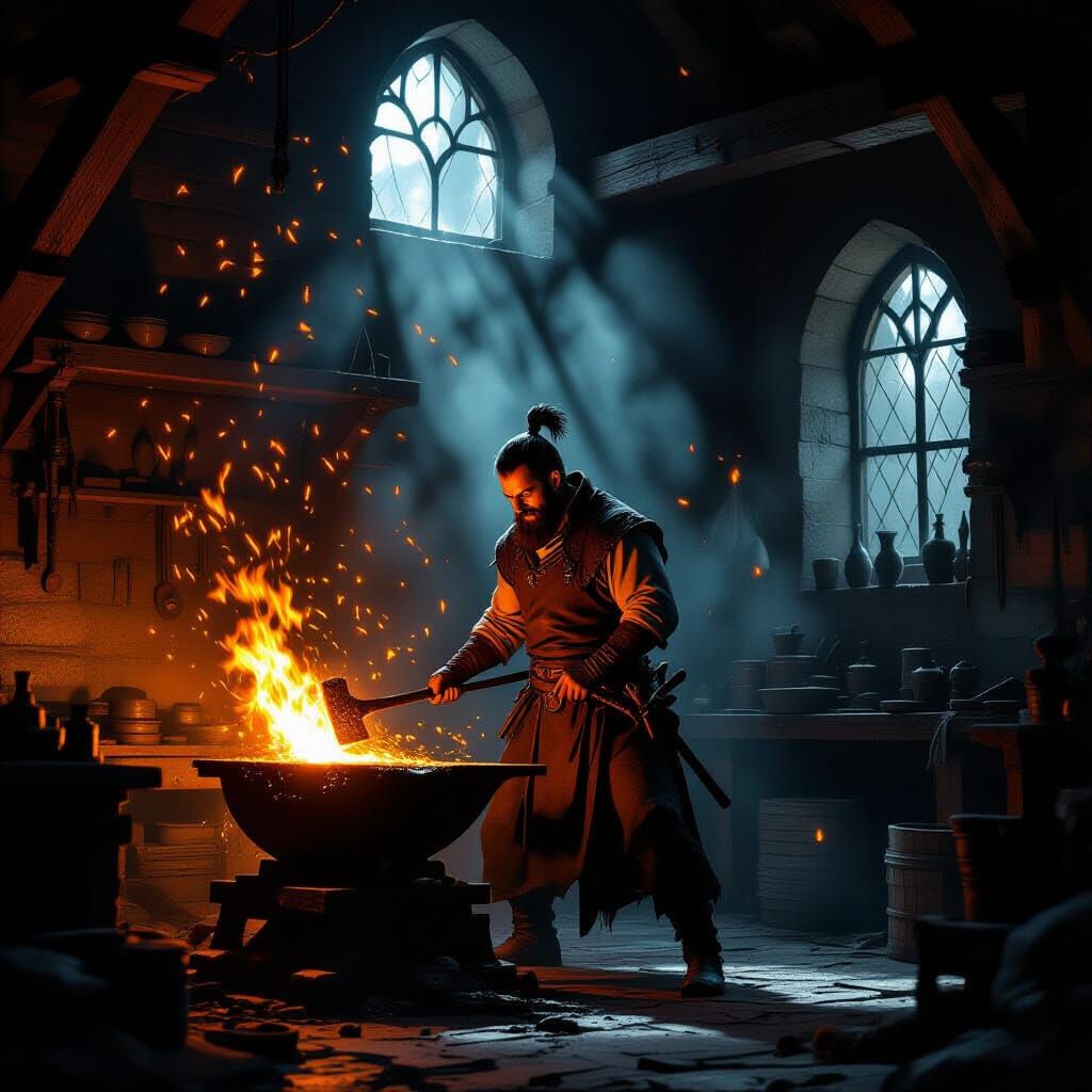 Blacksmith Forging Legendary Weapon in Dark Fantasy Style