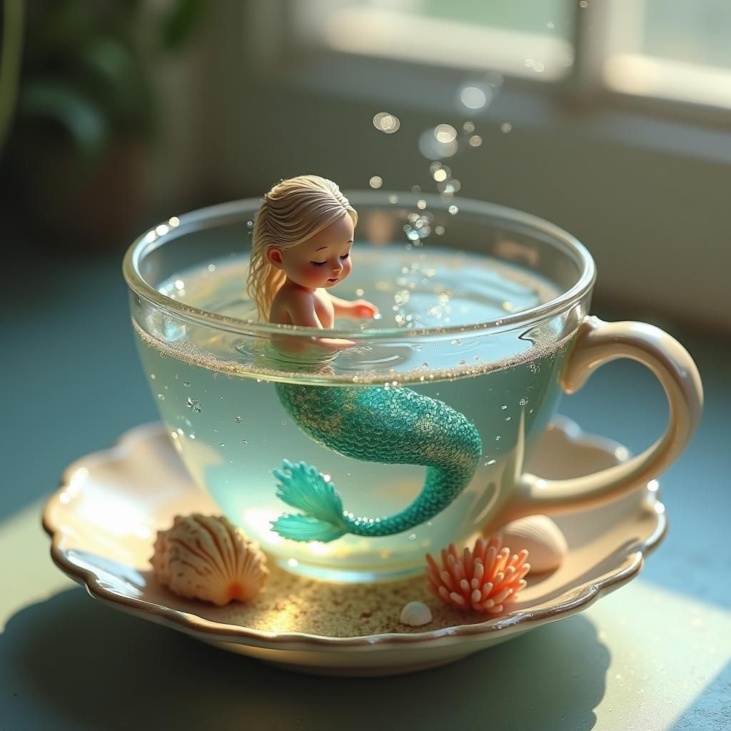 Miniature Mermaid Swimming in Teacup, Photorealistic
