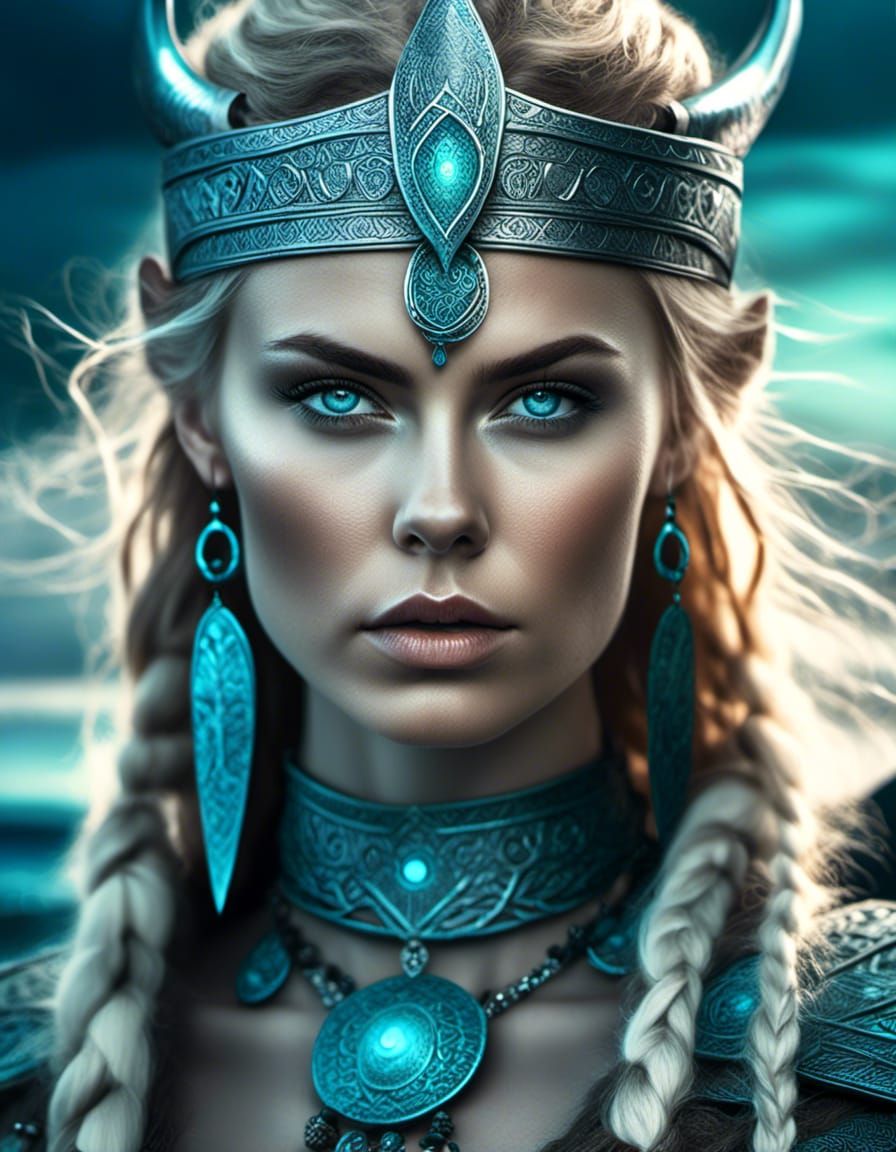 Viking Warrior Woman Portrait with Glowing Runes