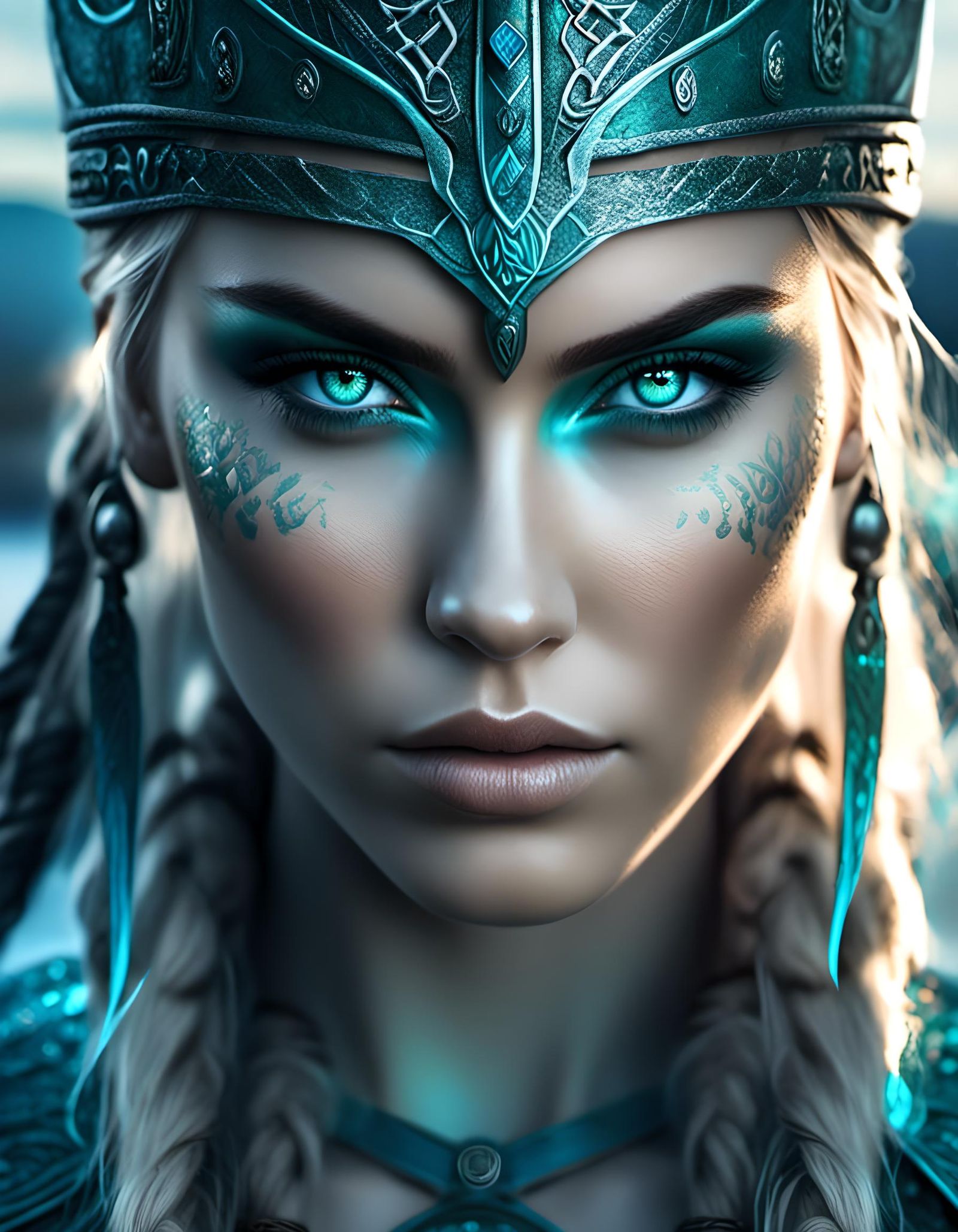 Viking Warrior Woman Portrait with Glowing Runes
