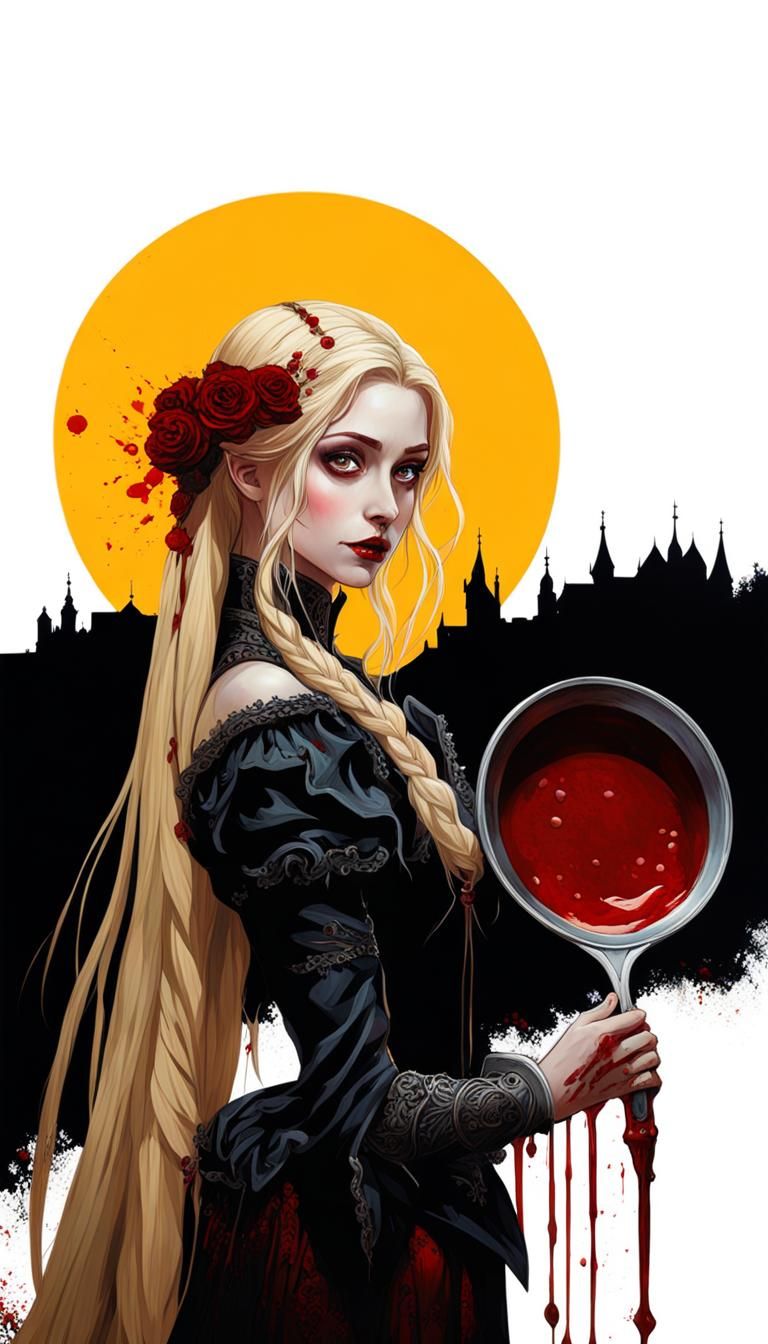 Gothic Rapunzel with Bloody Skillet: Oil Painting