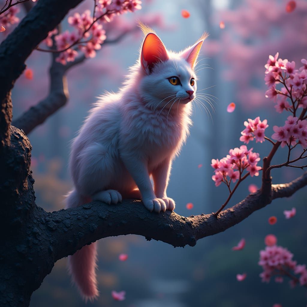 Majestic Feline-Avian Hybrid in Ethereal Cherry Blossom Fore...