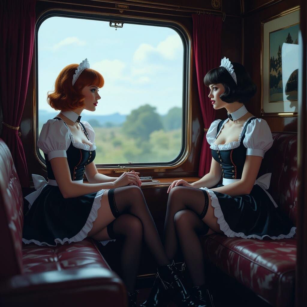 Luxury Train: Two Maids in Sleeping Car, Detailed Painting