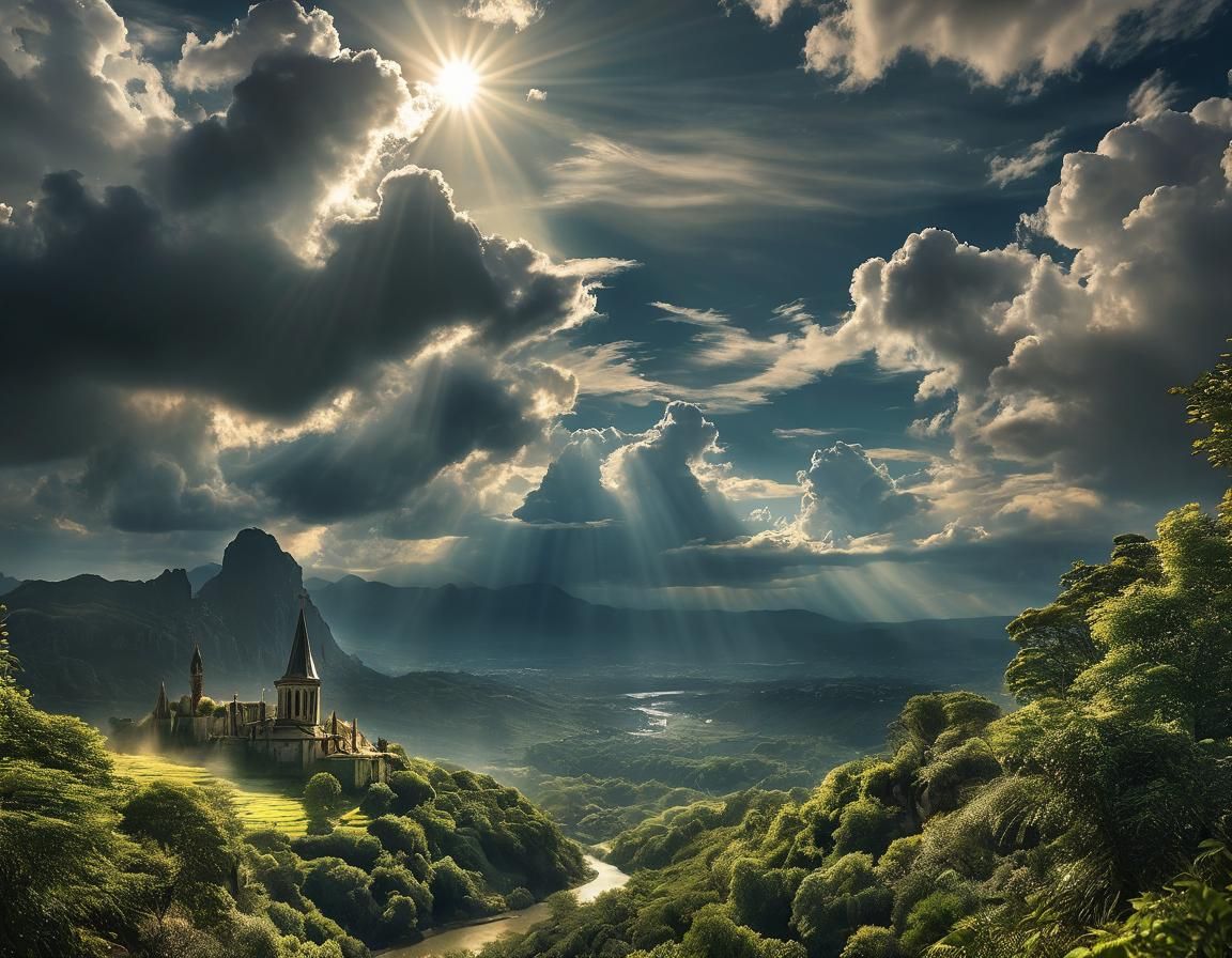 Heavenly Sunshine Beams Through Divine Clouds