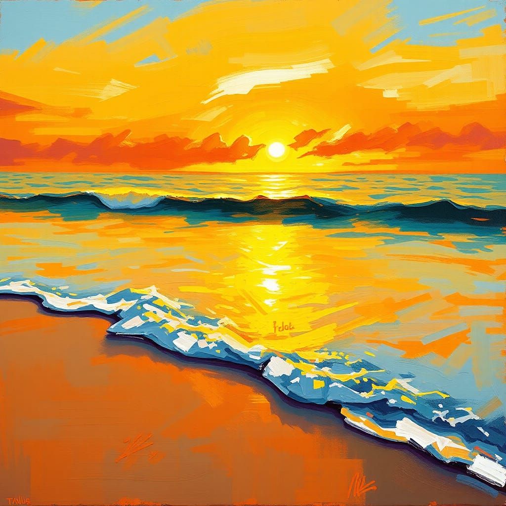 Dreamy Seascape Sunset Portrait as Oil Painting