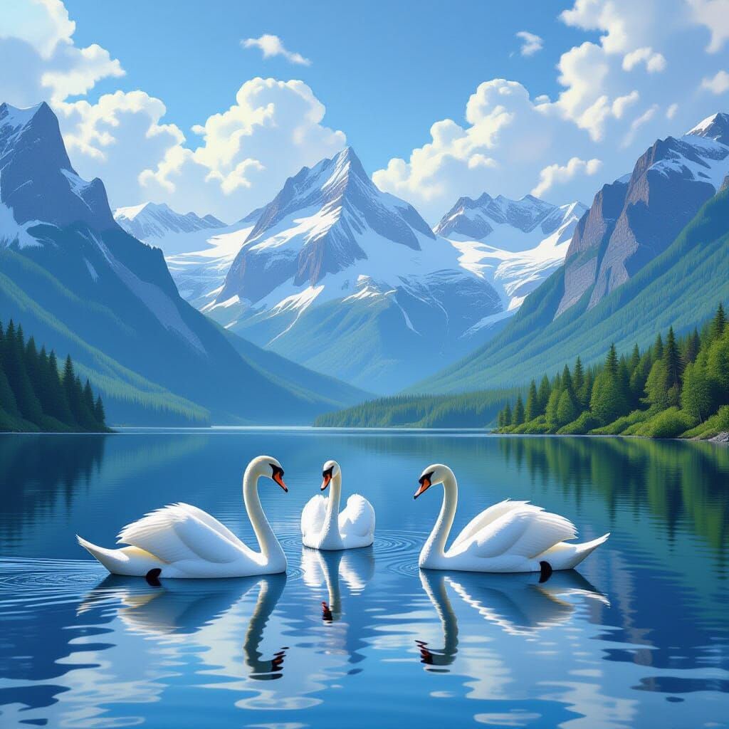 Majestic Swans Glide on Mountain Lake, Realistic Style