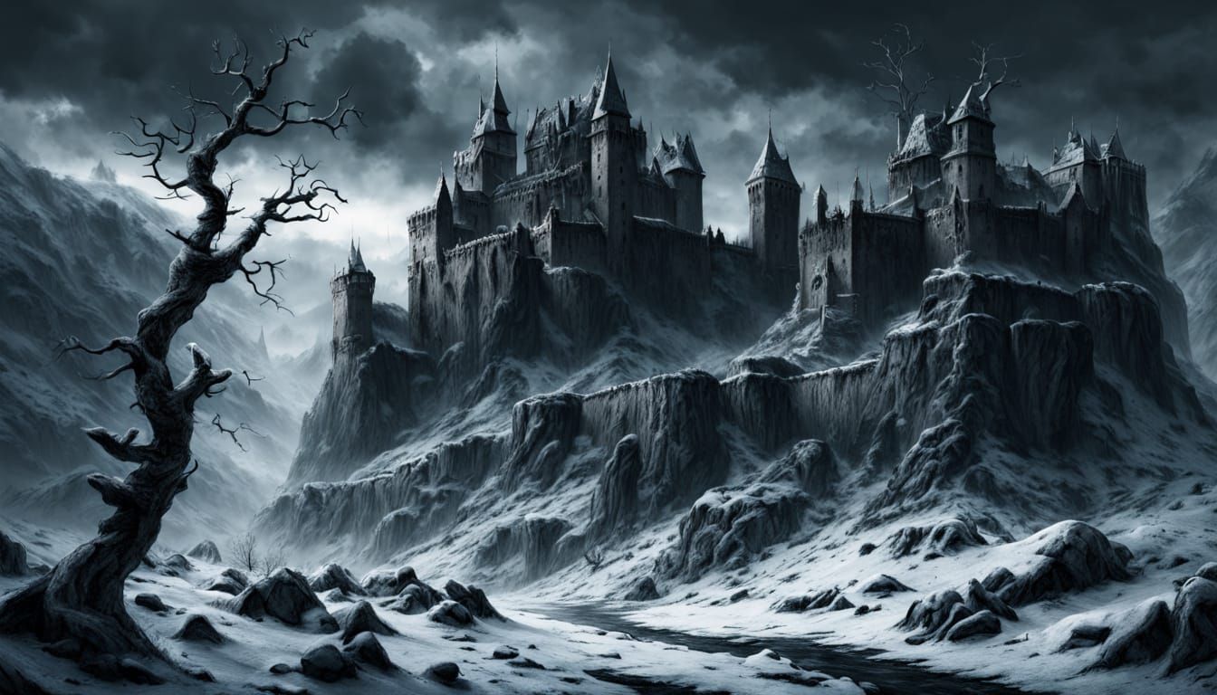 Dark Winter Castle in a Gnarled Forest Landscape