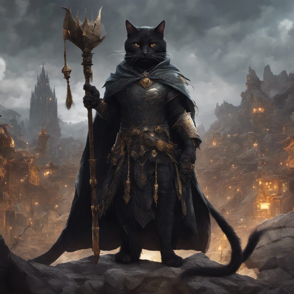 Black Cat Cleric with Spear, Detailed Matte Painting