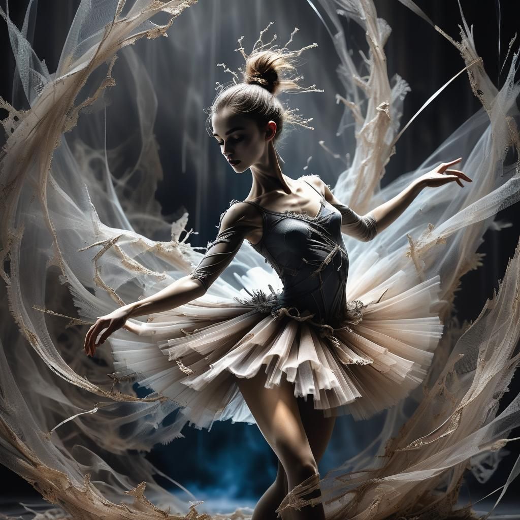 Create an image of a torn and shredded tulle sculpture of a ...