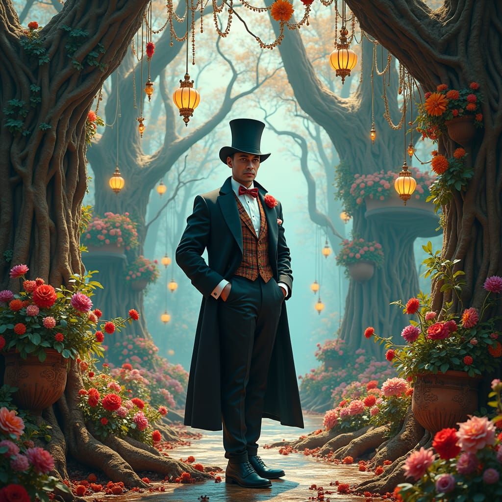 Elegant Man in Ornate Wonderland, Impressionist Matte Painti...