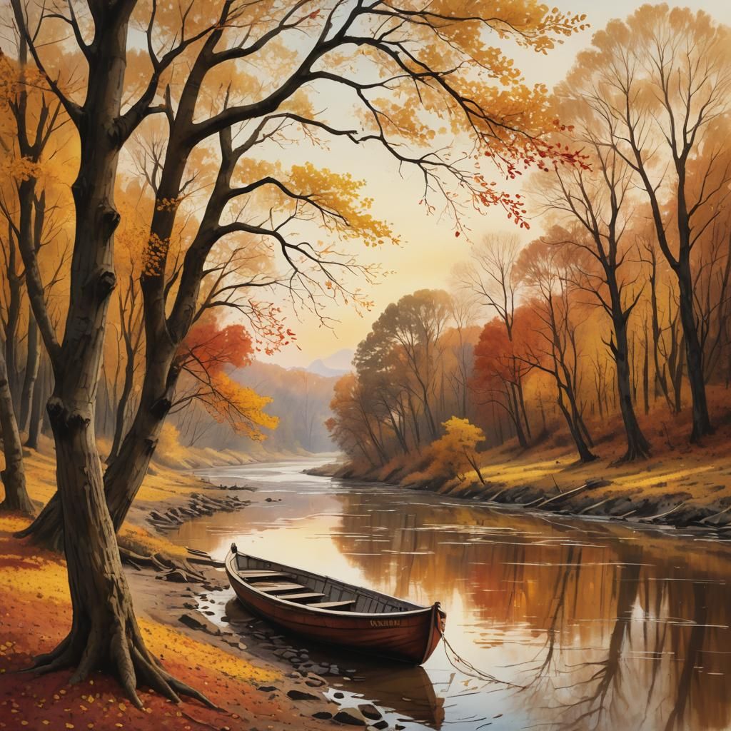 Autumn River Landscape with Wooden Boat