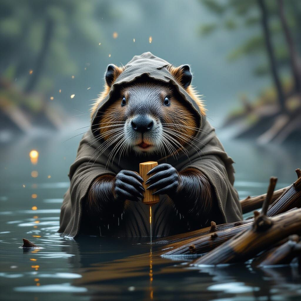 Beaver Artisan Sculpting Dreams in Misty Lake Chamber