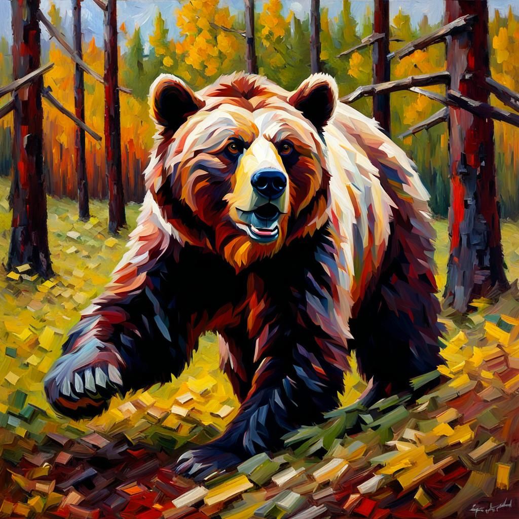 Brown Bear in Forest, Impasto Tachisme Style