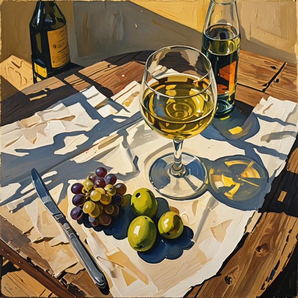 Gouache Still Life of Wine and Cheese