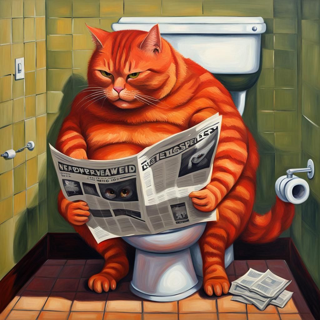 Humorous Oil Painting of Cat Reading on Toilet