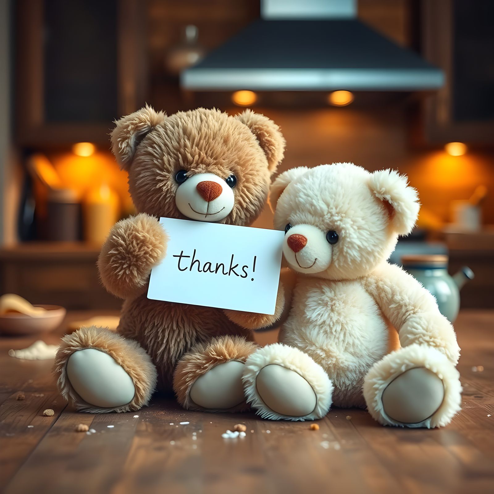 Warm Teddy Bears Express Gratitude in Cozy Kitchen Setting