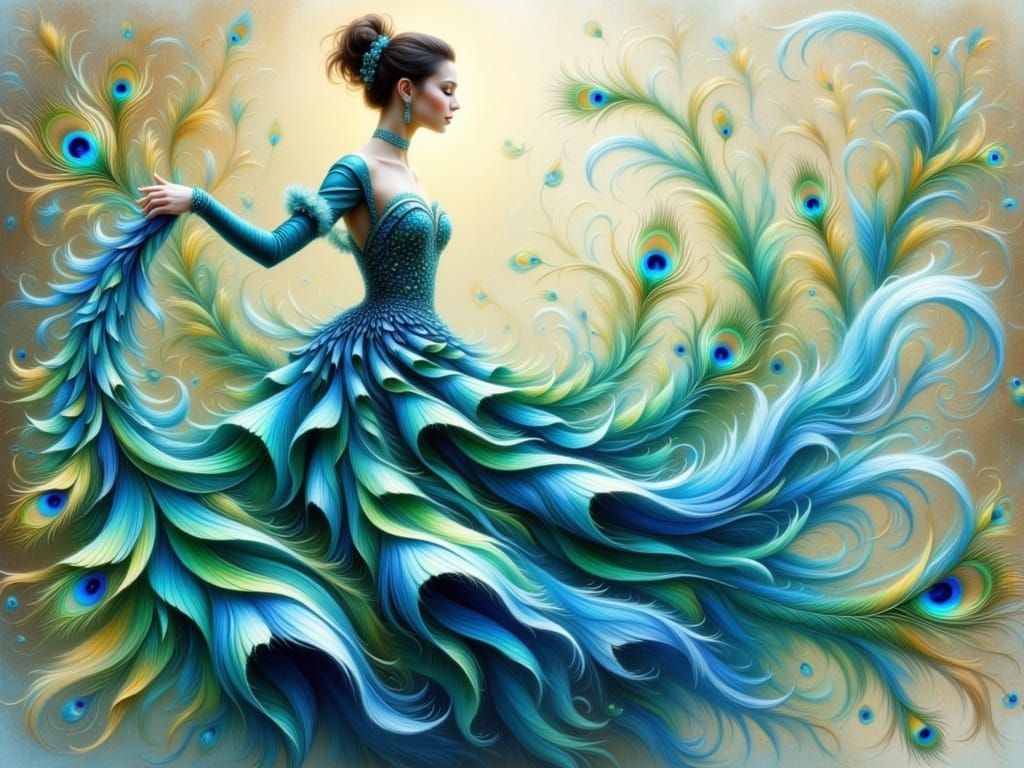Surreal Impasto Painting of Woman in Peacock Feather Dress