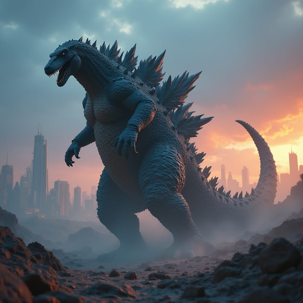 Godzilla Rampage Through Futuristic Cityscape