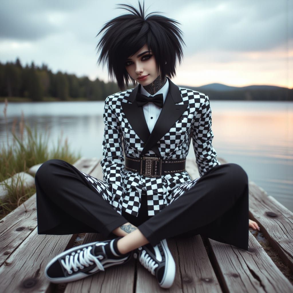 Emo Girl on Lake Dock in Futuristic Realism