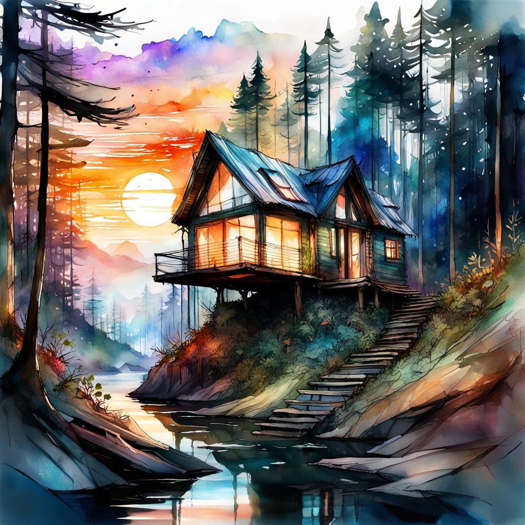 Tiny House in Deep Forest: Digital Watercolor Illustration