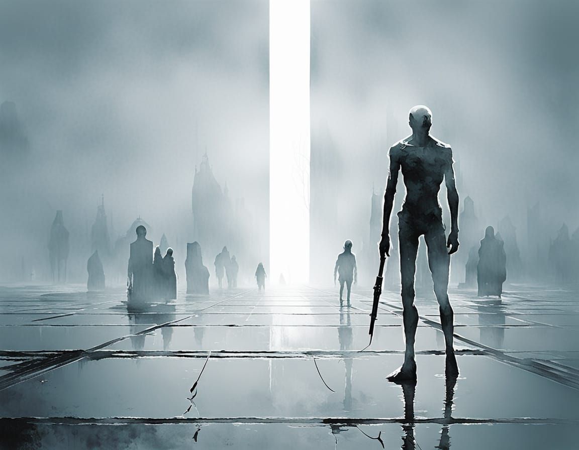 Minimalist Futuristic Scene in Fog: Digital Illustration