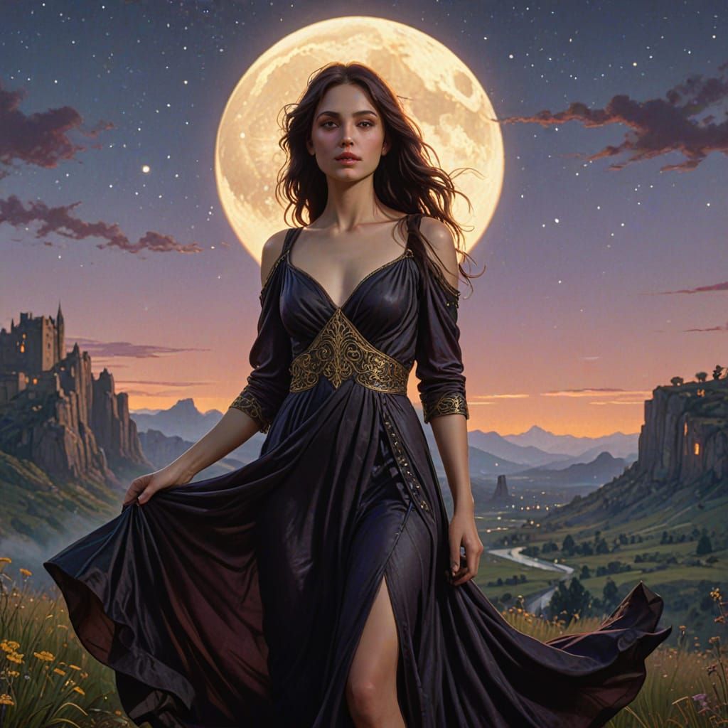 Enchanting Crescent Moonlit Scene in Art Nouveau Style