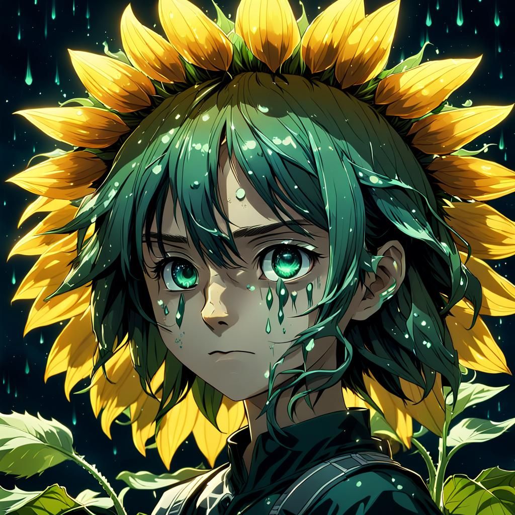 Crying Sunflower Face at Night: Anime Style
