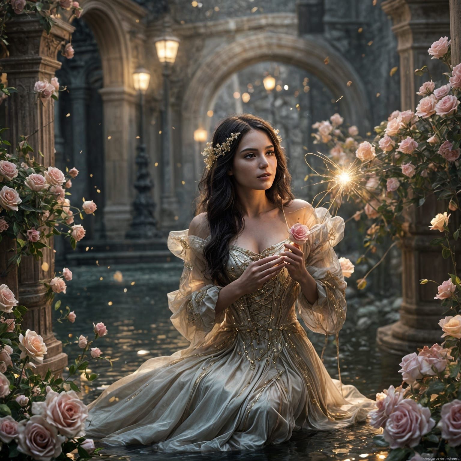 Vampire with Glimmering Rosebuds by Sparkling Fountain