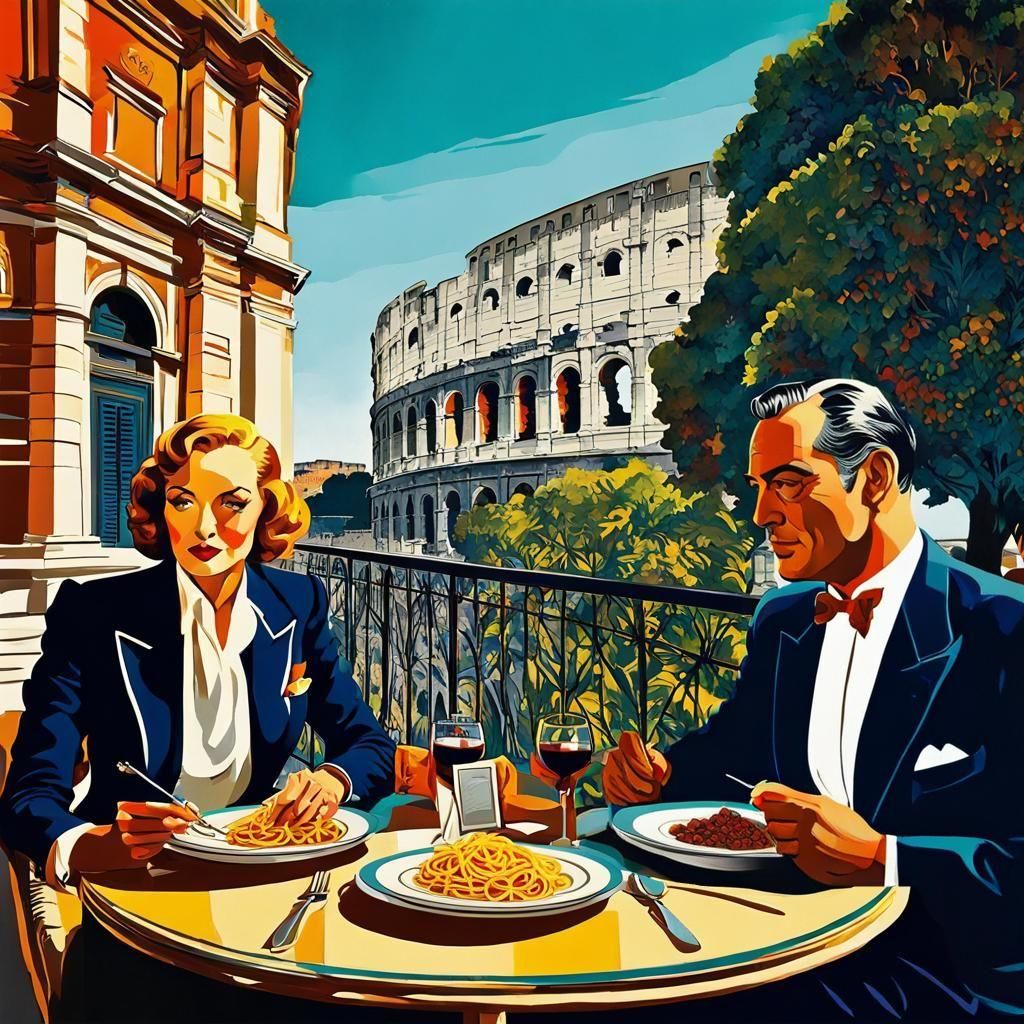 Summer afternoon. A Roman restaurant near the Colosseum. Pasta time