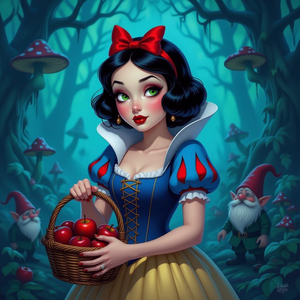 Eerie Snow White Caricature in Haunted Forest