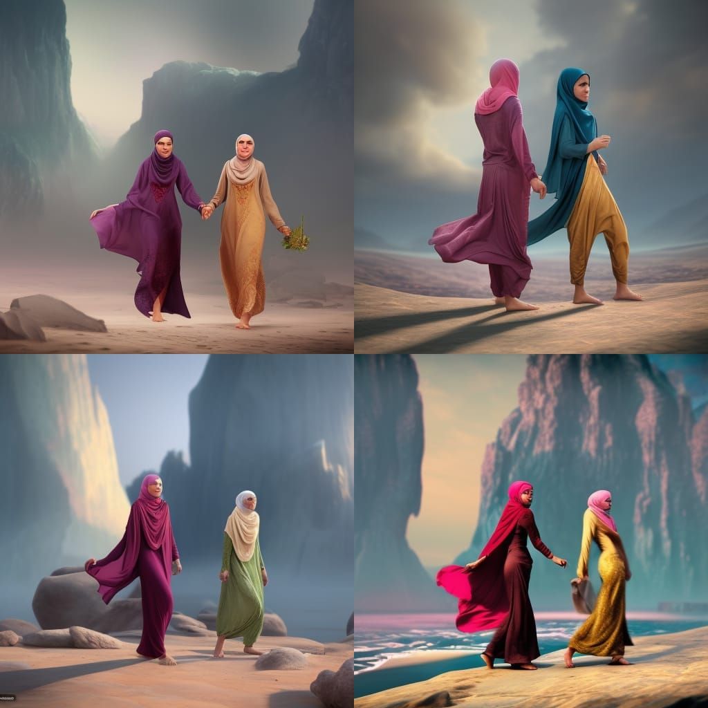 Beautiful Women with Hijabs on Sandy Beach