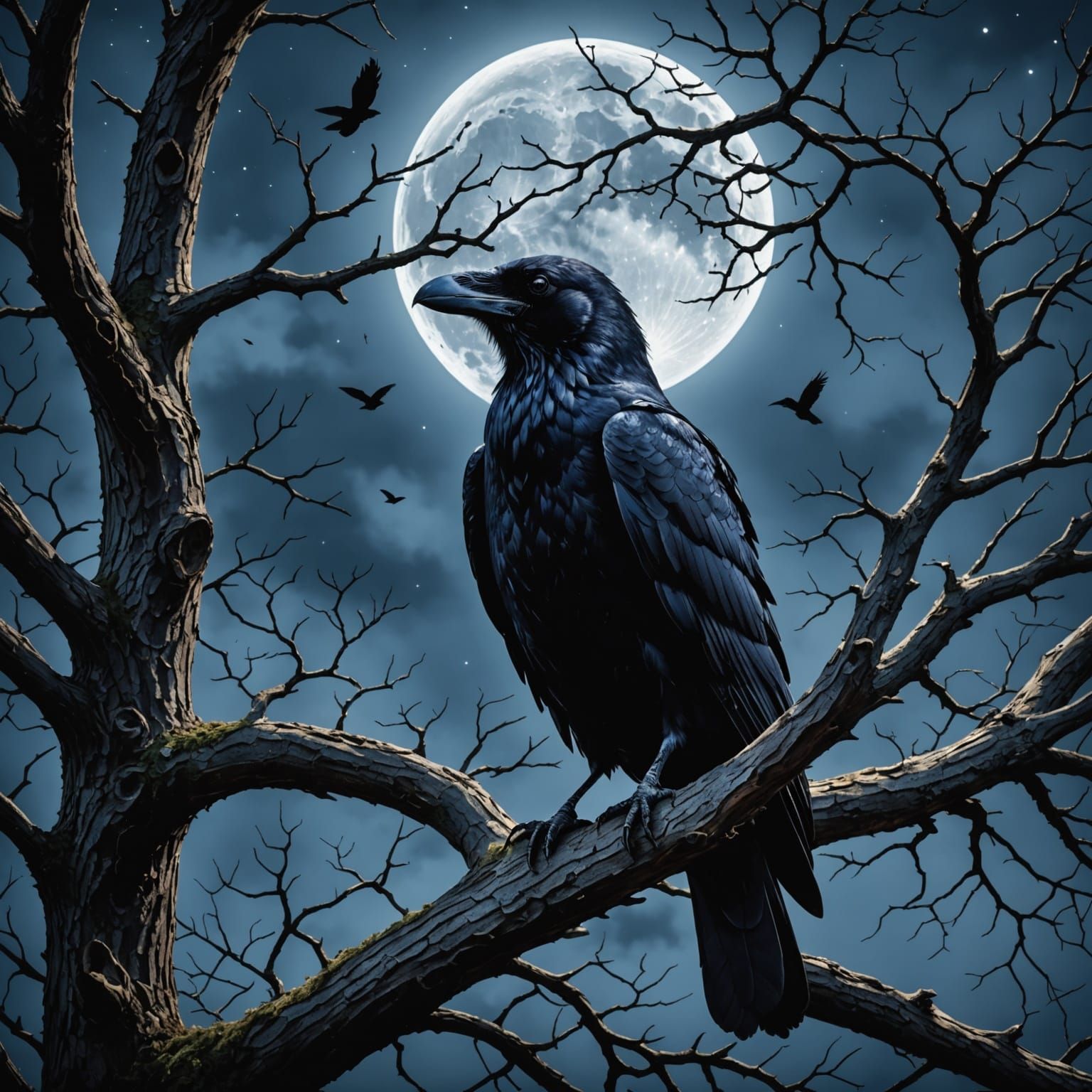 Moonlit Raven in Ancient Oak