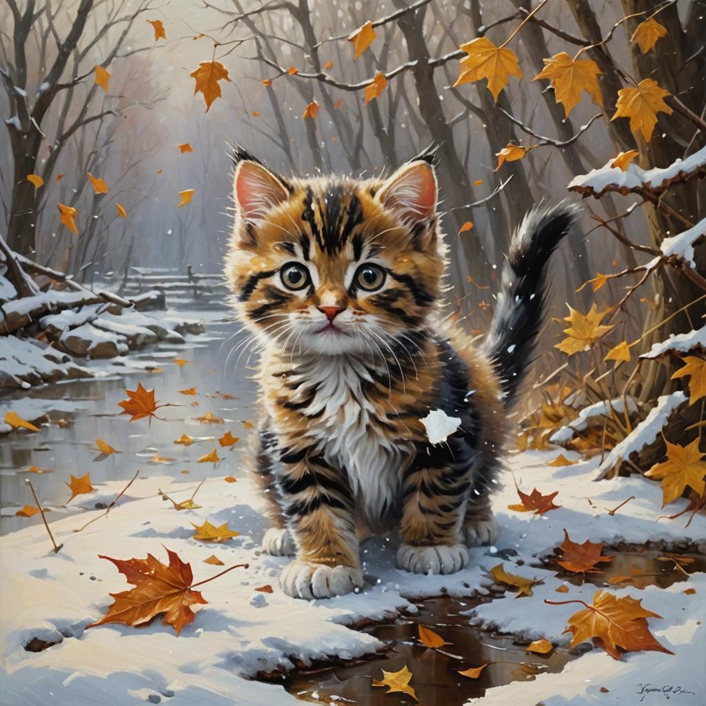 Kitten Playing in Snow, Oil Painting