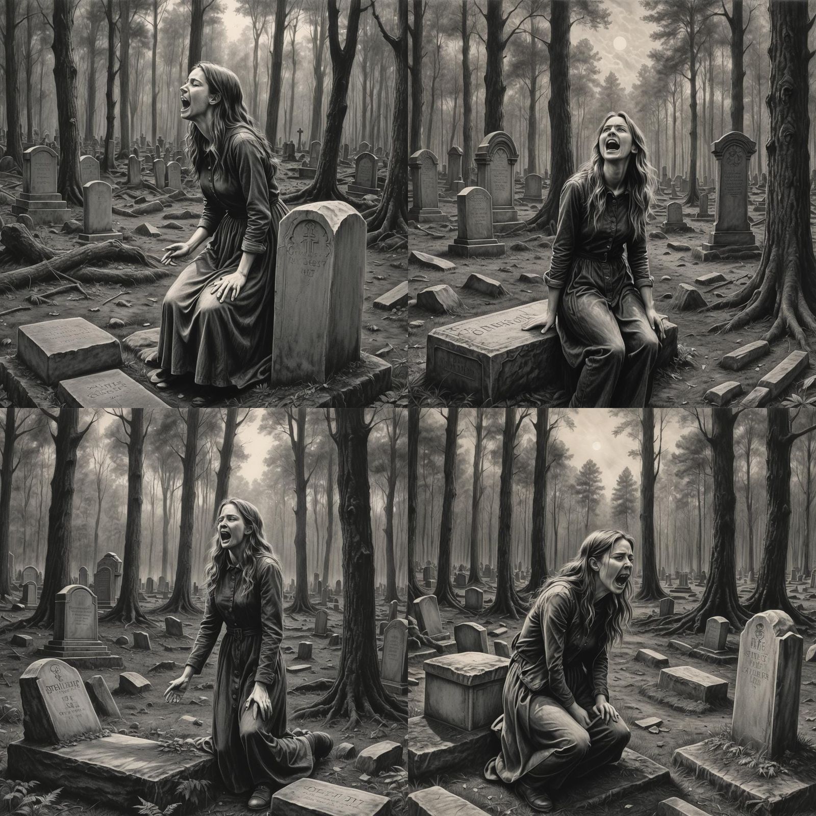 Girl Screaming at Sky in Forest Graveyard