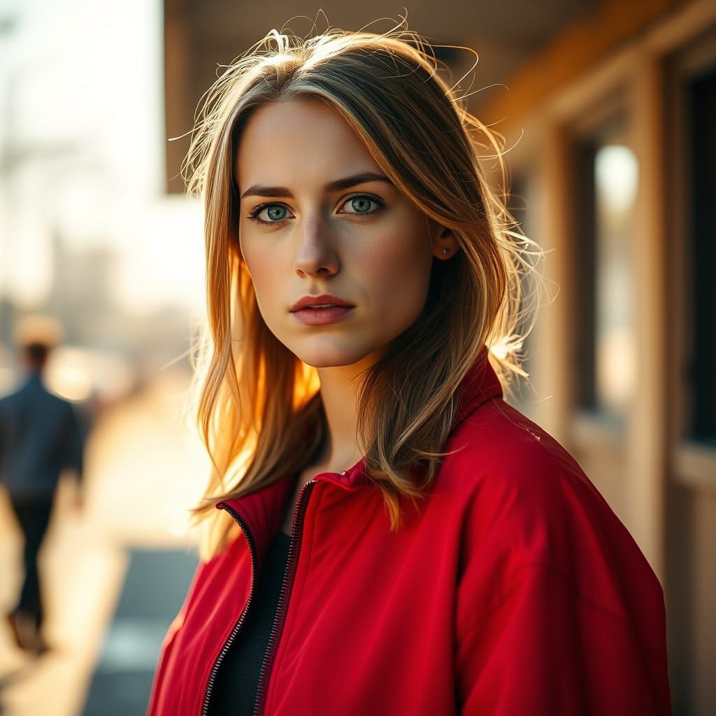 Serious Young Woman in Vibrant Red Jacket, Soft Natural Ligh...