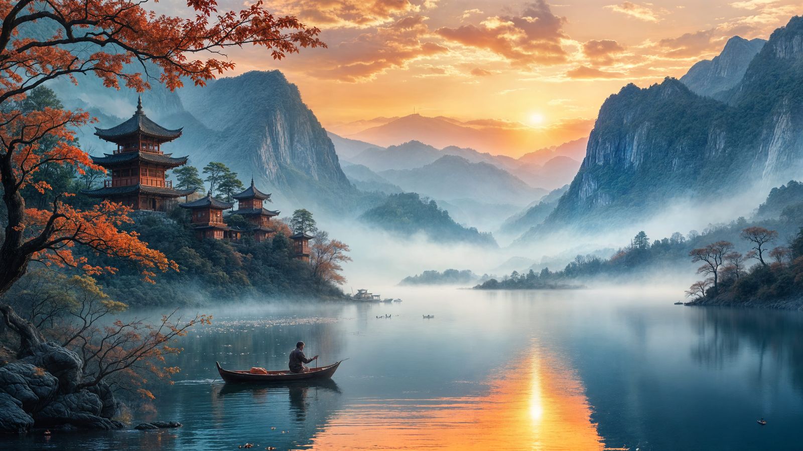 Misty Mountain Lake Sunset with Fisherman in Autumn Scenery