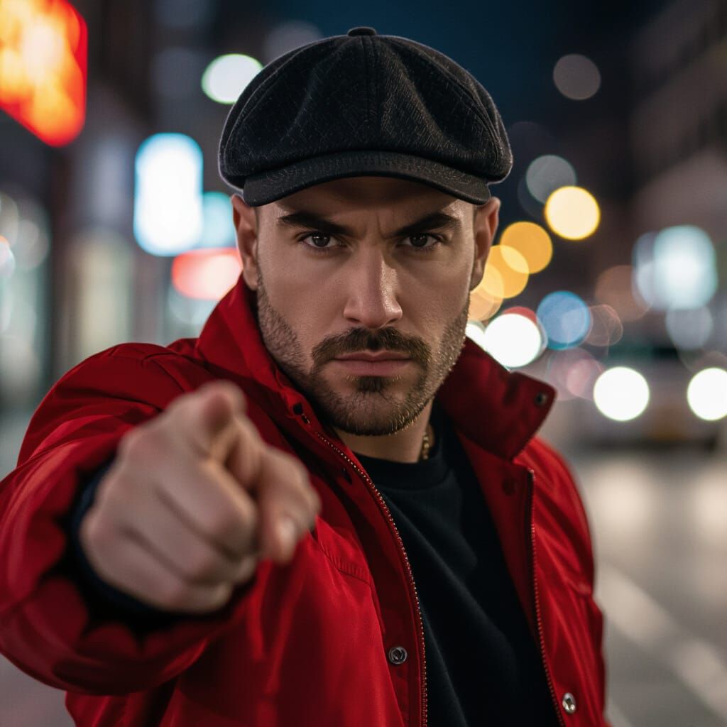 Man in Red Jacket Points Forward, Cinematic Urban Night