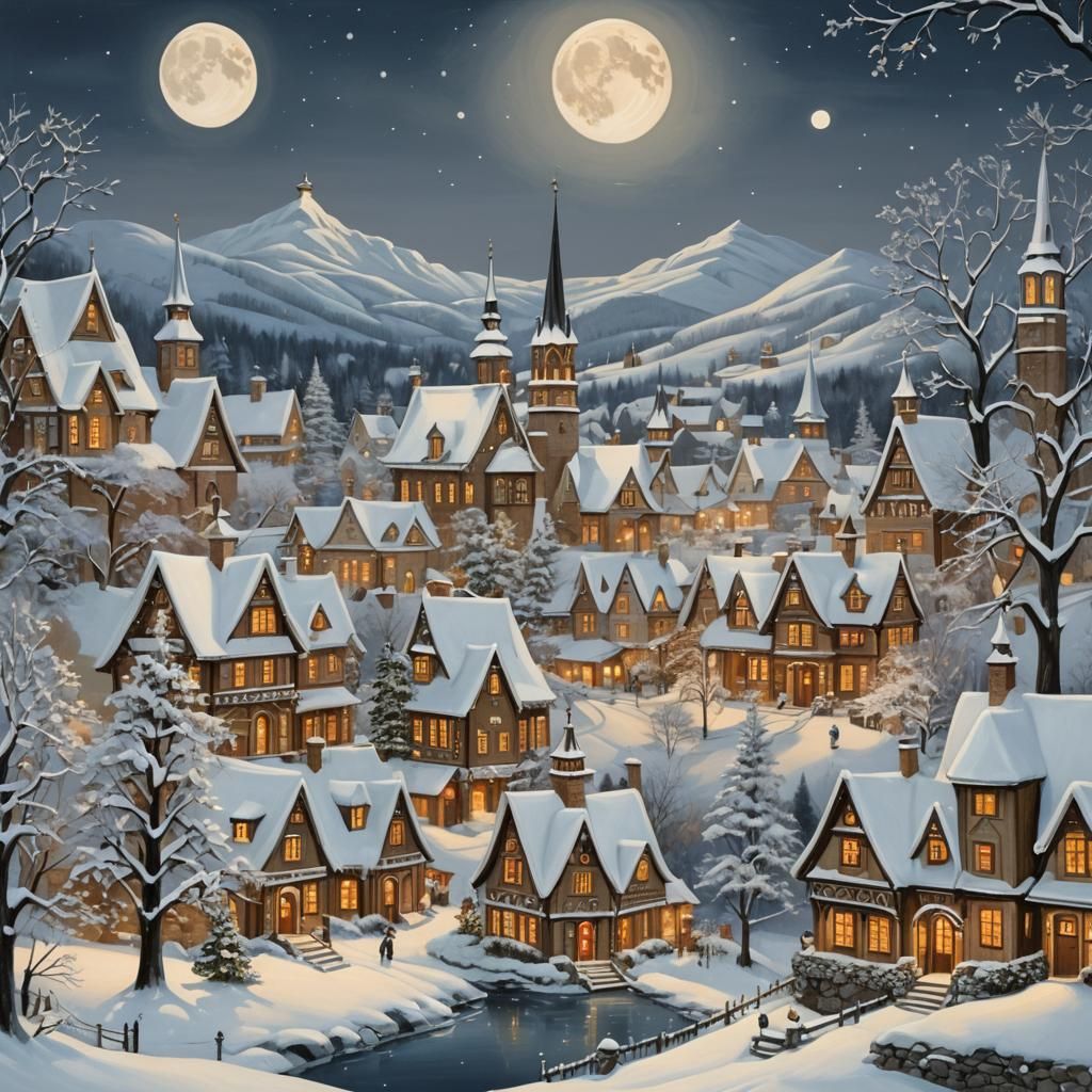 Charming Winter Village Scene with Christmas Wishes