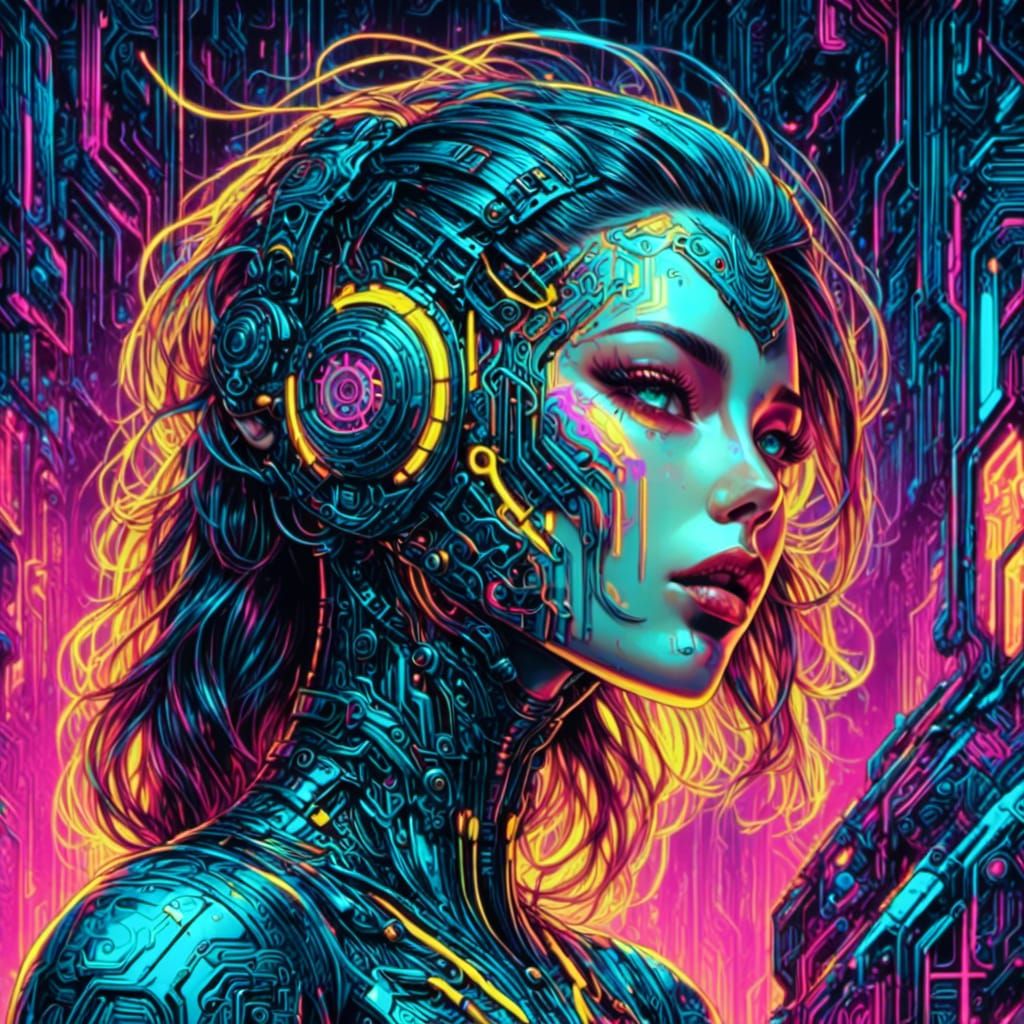 Cybernetic Woman in Neon Hues: Futuristic Design