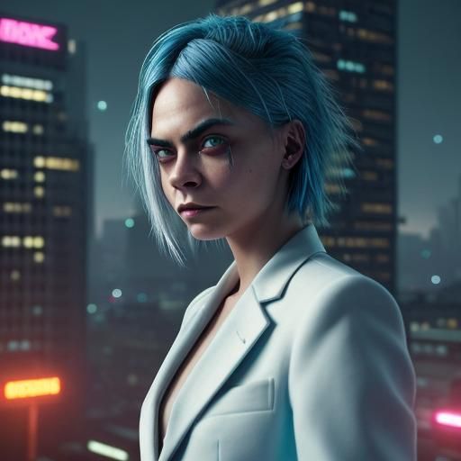 Cara Delevingne in Light Suit, Cyberpunk Cityscape