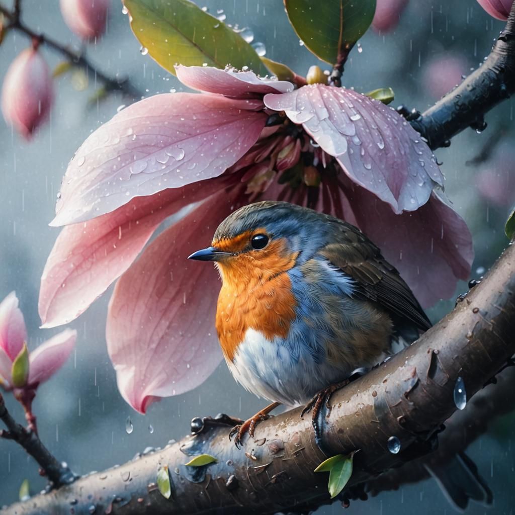 Robin Sheltering Under Magnolia in Watercolor Style