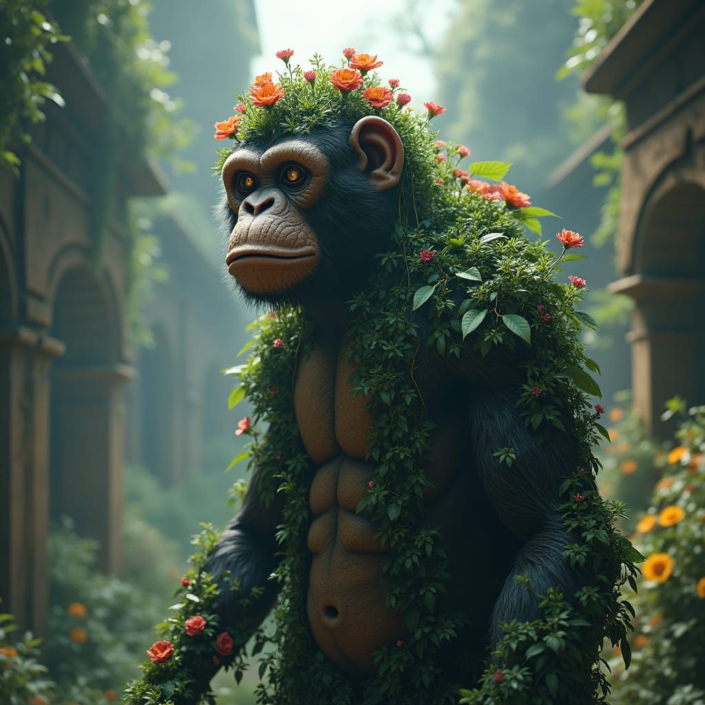 Intricate Human-Monkey Hybrid in Lush Ruins