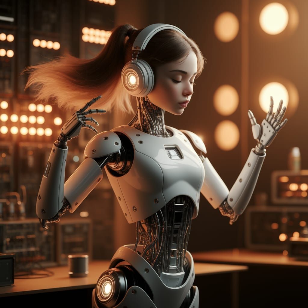 Android Dances in Warmly Lit Cyberpunk Room