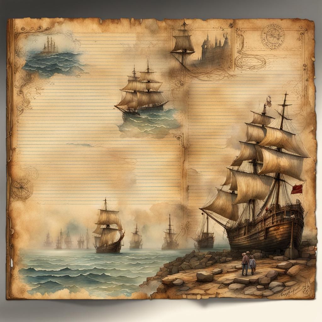 Pirate Map on Journal Page in Watercolor Style