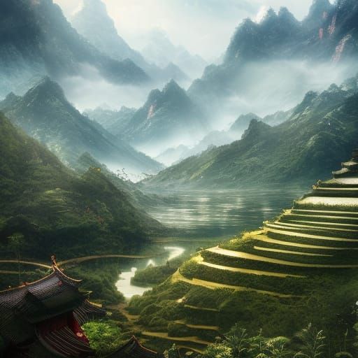 Epic Fantasy Chinese Rice Fields with Mountains