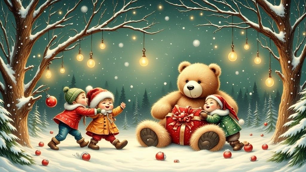Whimsical Christmas Wonderland with Cuddly Teddy