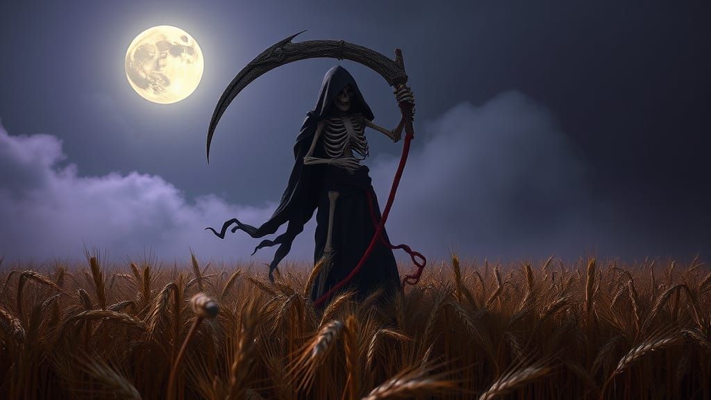 Grim Reaper Harvests Wheat Under Full Moon