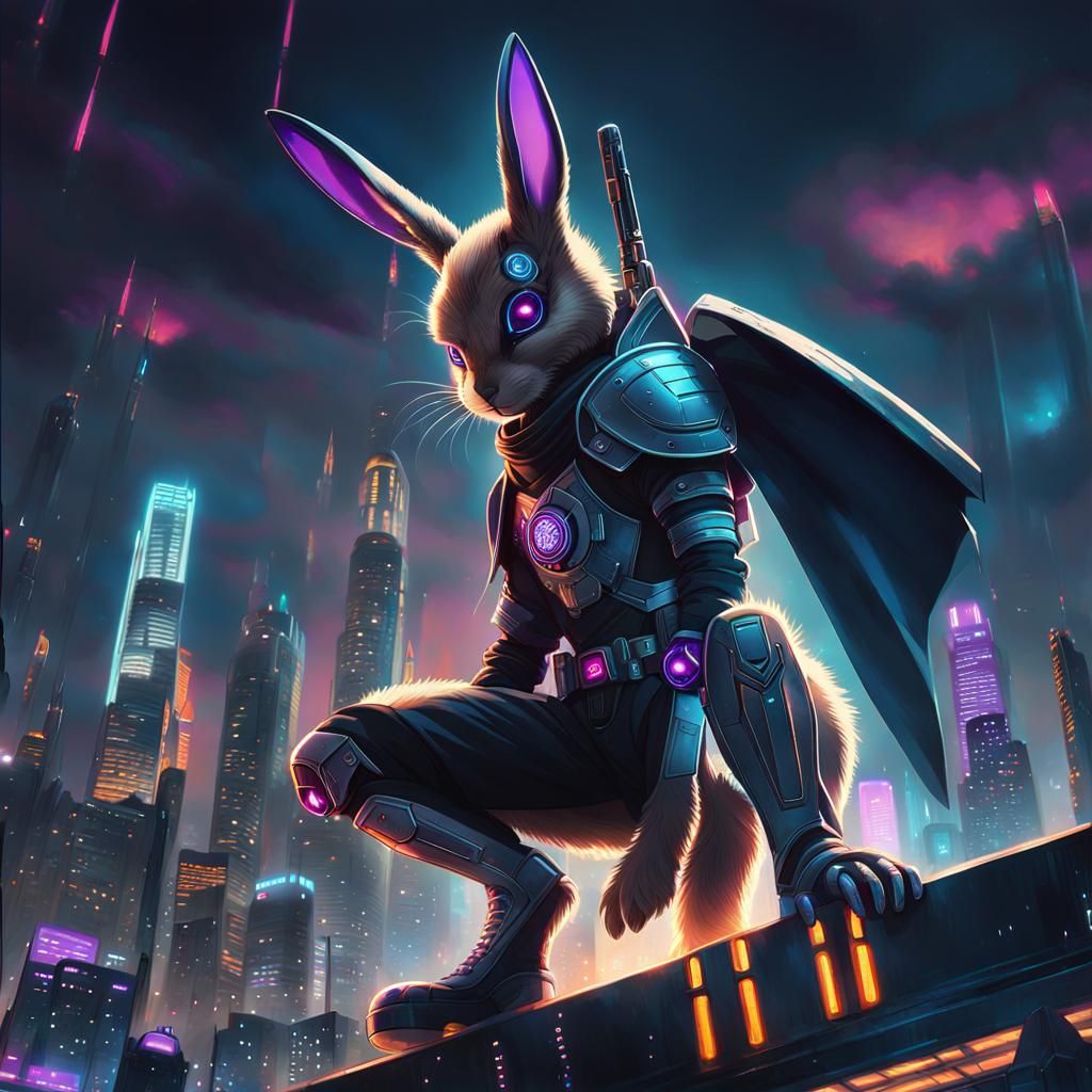 Cyberpunk Rabbit Warrior on Futuristic Skyline
